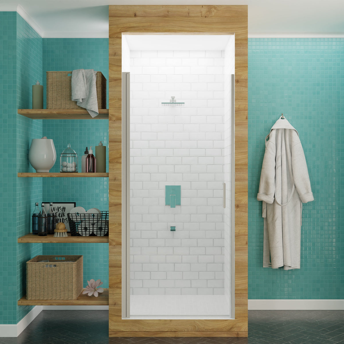 Lancer Series 23 in. x 72 in. H Hinged Frameless Shower Door with Tsunami Guard Tempered Glass