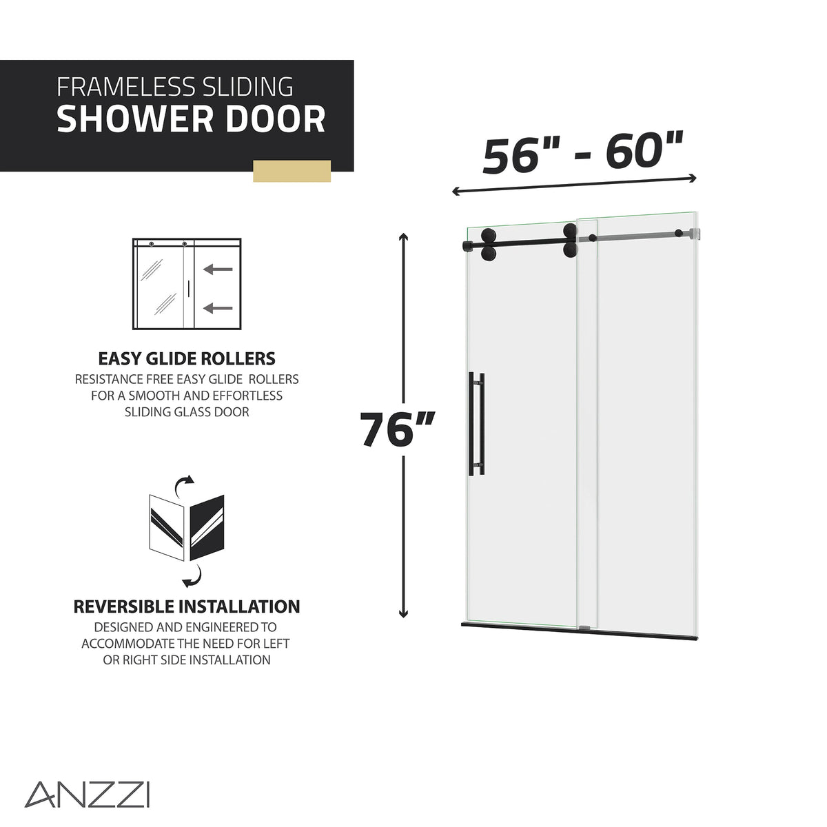 ANZZI 60 in. x 76 in. Frameless Sliding Shower Door, 3/8" TSUNAMI GUARD Glass, Exposed Rollers and RHINO ALLOY Hardware