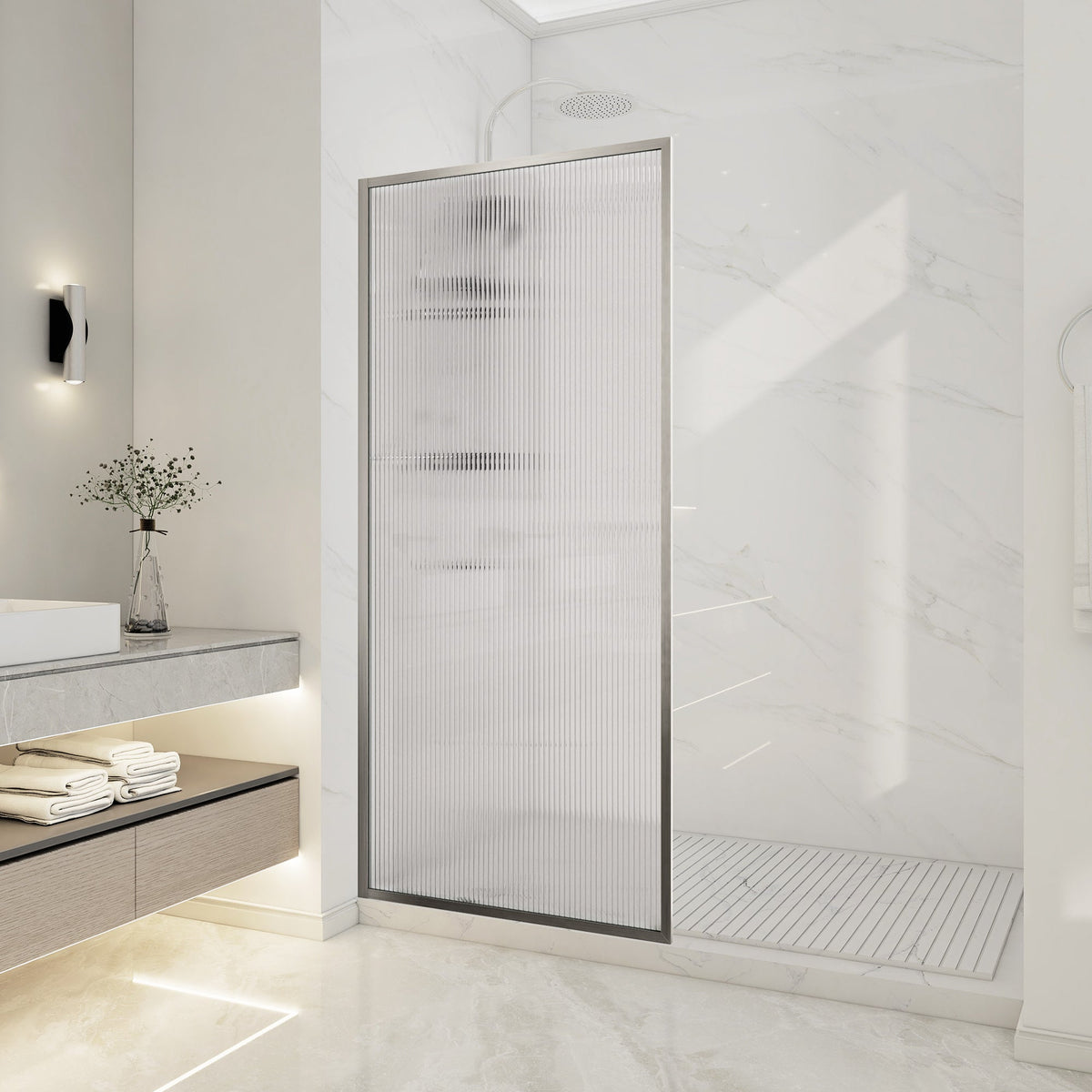 Welle 34 in. x 74 in. Framed Fixed Shower Screen Door with 5/16" (8mm) Tempered Fluted or Clear Glass