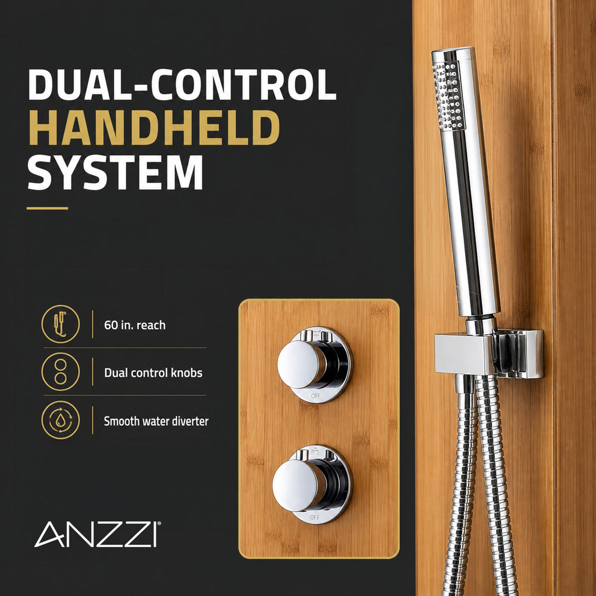 Crane Series 52 in. Full Body Shower Panel with Heavy Rain Shower and Body Jets and Spray Wand in Natural Bamboo