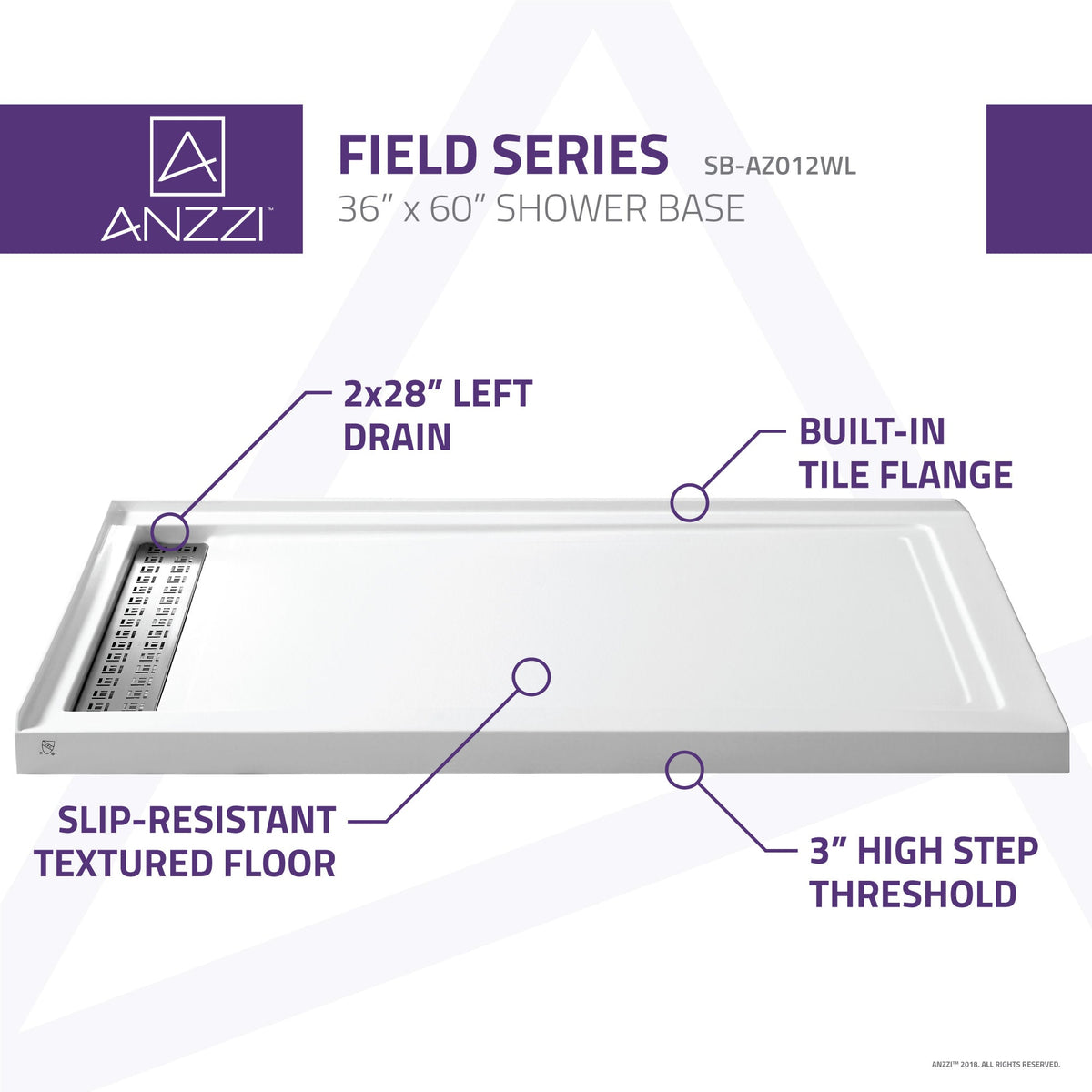 Field Base Series 36 in. L x 60 in. W Corner Shower Shower Pan Base with Left Drain in Glossy White Marine Acrylic