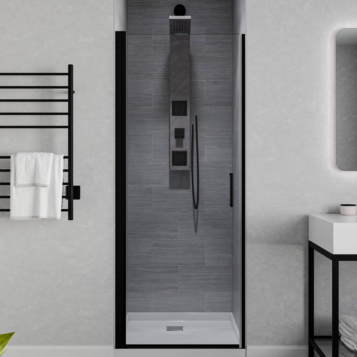 Lancer Series 23 in. x 72 in. H Hinged Frameless Shower Door with Tsunami Guard Tempered Glass