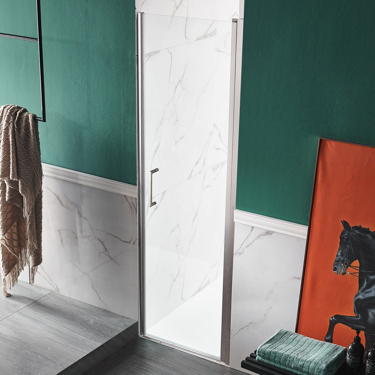 Lancer Series 23 in. x 72 in. H Hinged Frameless Shower Door with Tsunami Guard Tempered Glass