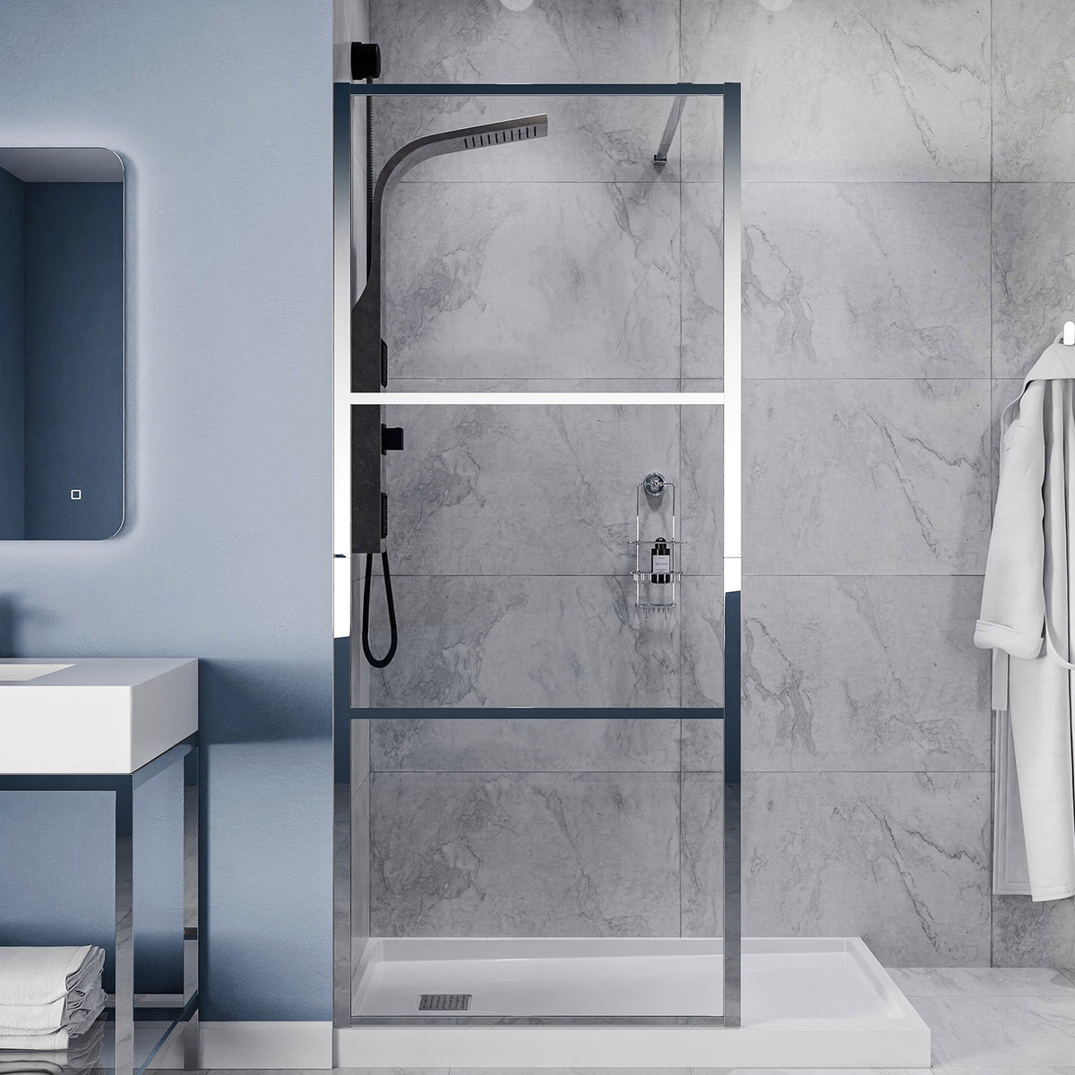 Himmel Series 34 in. x 78 in. Fixed Framed Shower Door with Tsunami Guard Tempered Clear Glass