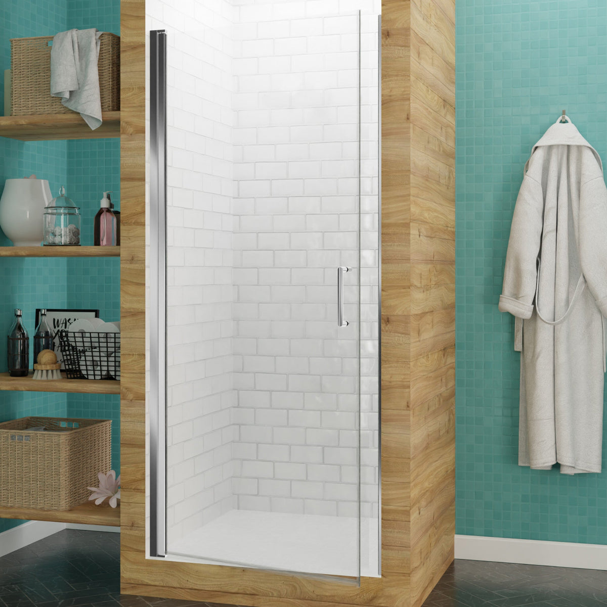 Lancer Series 23 in. x 72 in. H Hinged Frameless Shower Door with Tsunami Guard Tempered Glass