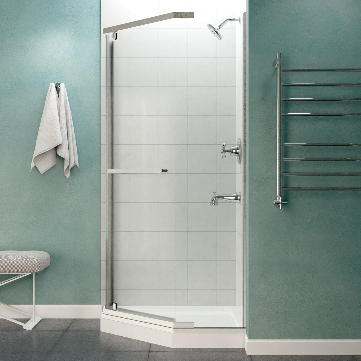 Castle Series 49 in. x 72 in. H Pivot Semi-Frameless Shower Door with Tsunami Guard Tempered Glass