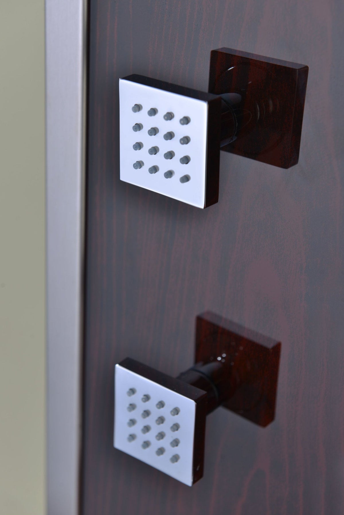 Monsoon 57 in. 4-Jetted Full Body Shower Panel System with Heavy Rain Shower and Spray Wand in Mahogany Style Deco-Glass
