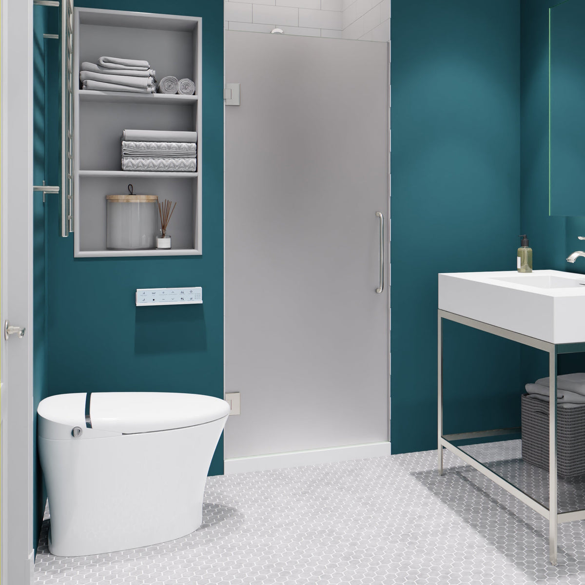 Fellow Series 24 in. x 70 in. Frameless Hinged Shower Door with Clear/Frosted Tempered Glass and Tsunami Guard