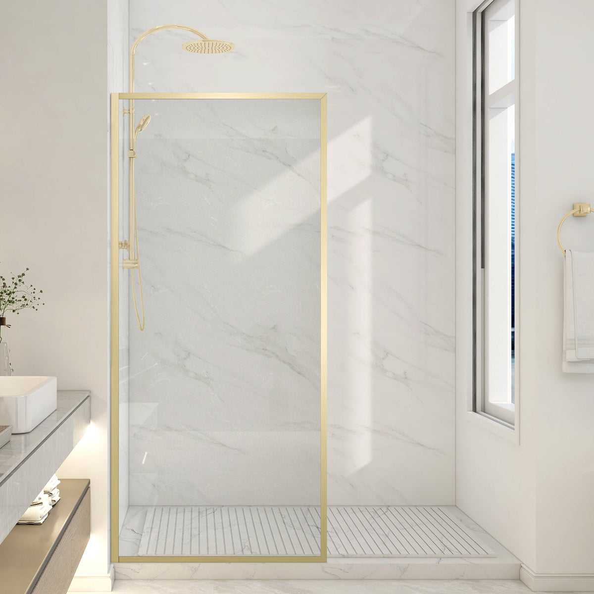 34 x 74 Framed Shower Door, Welle Fixed Screen Tempered Clear Glass
