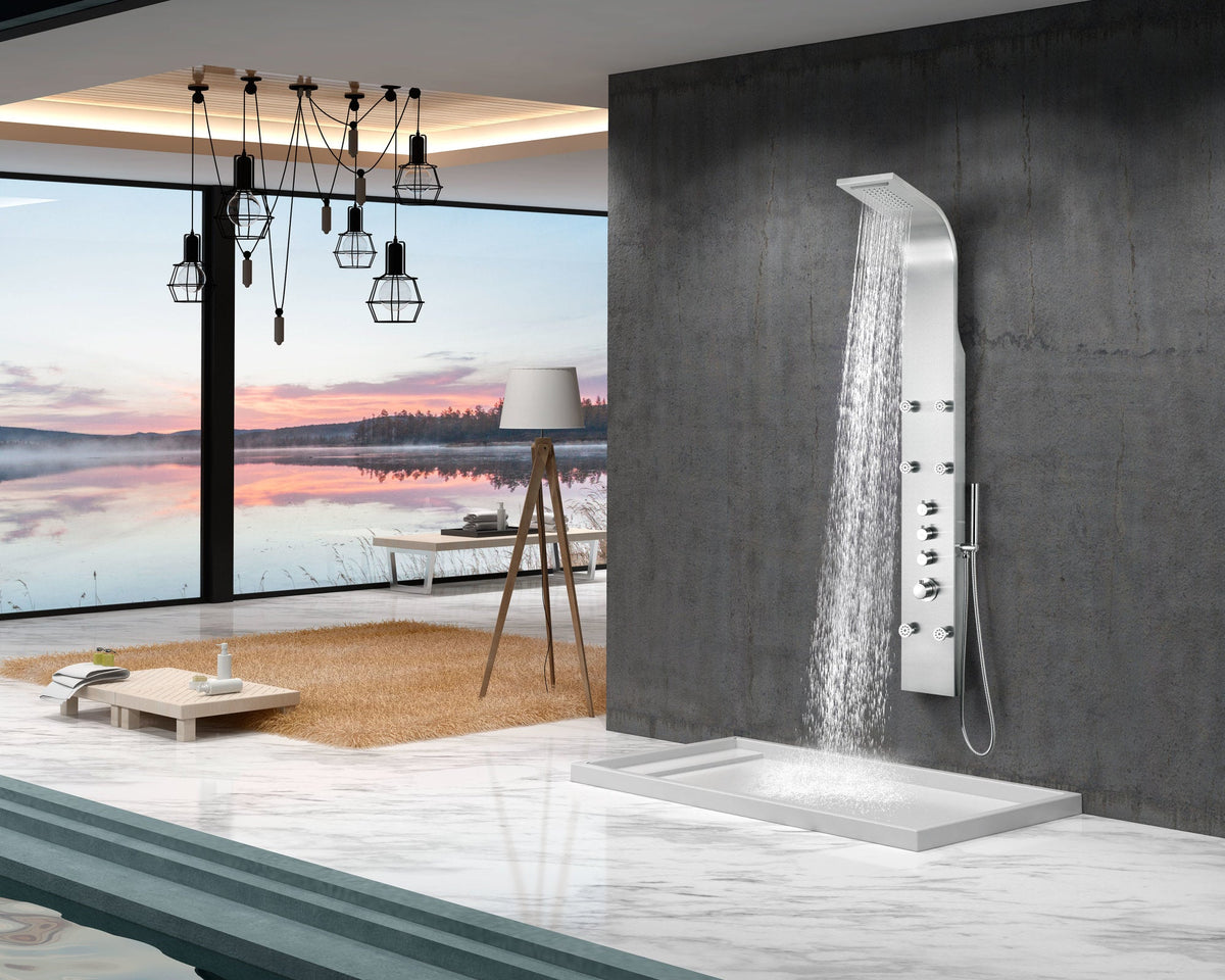 Fontan 64 in. 6-Jetted Full Body Shower Panel System with High-Pressure Rainfall Shower and Spray Wand in Brushed Steel