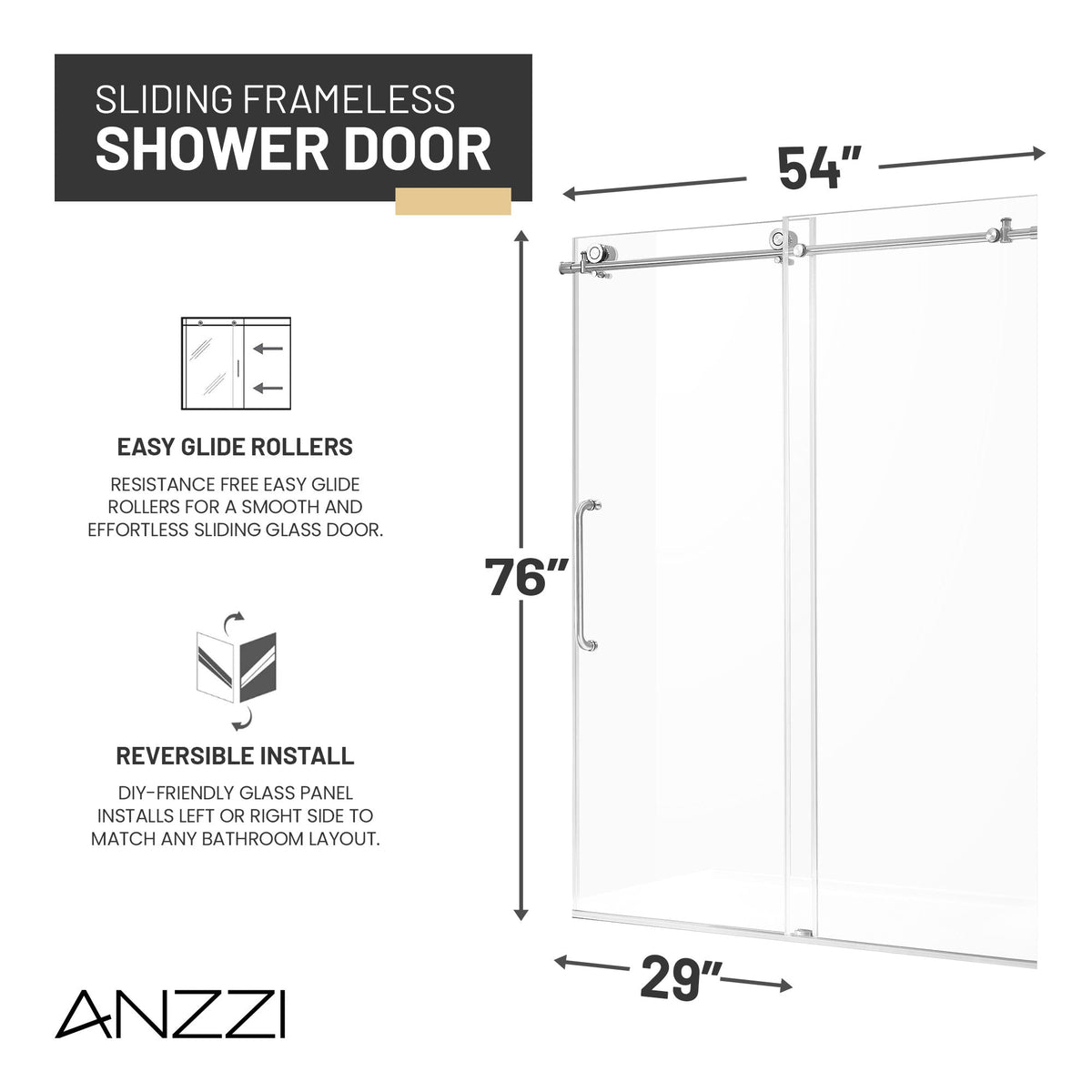 54 x 76 Frameless Shower Door, Madam Sliding Tempered Clear