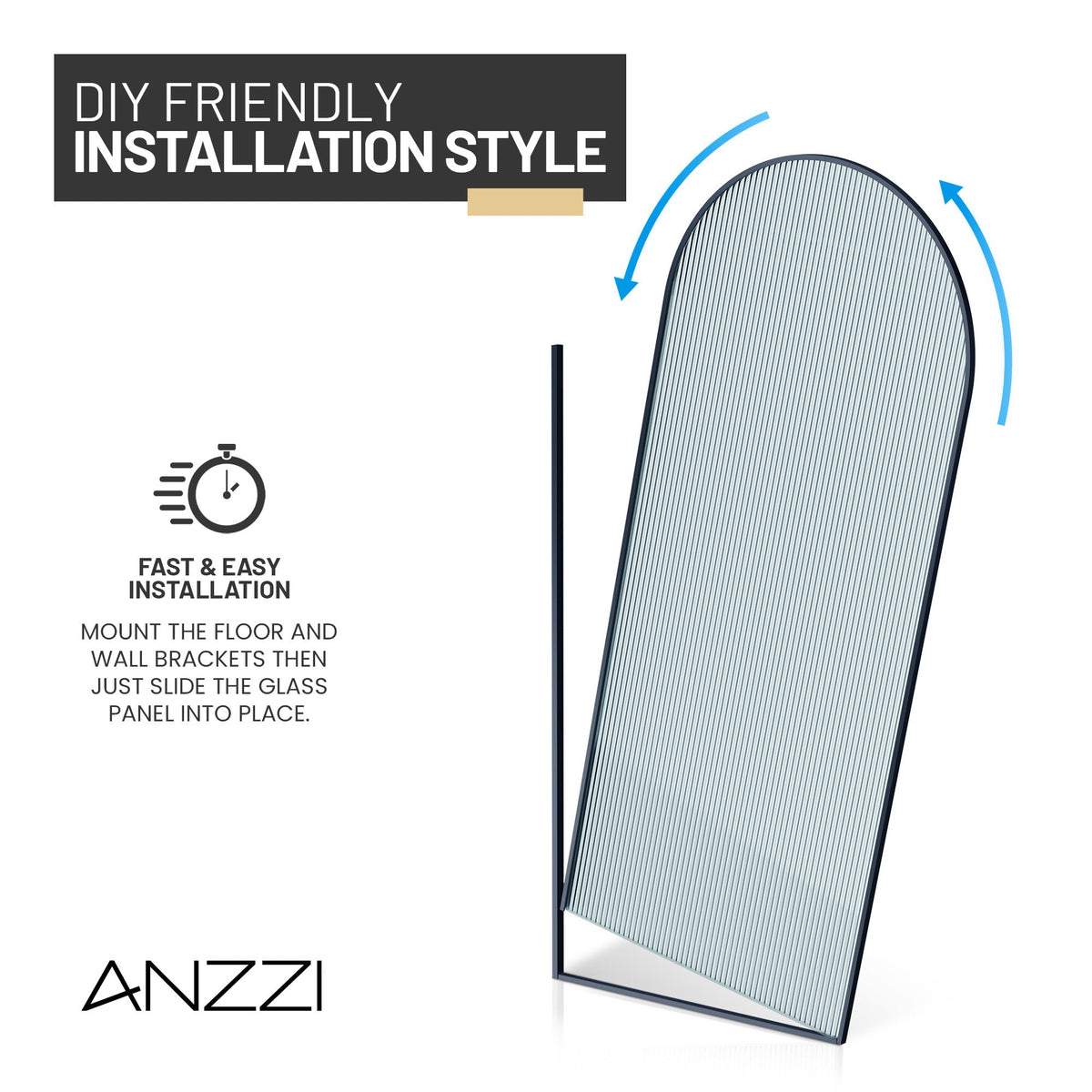 Ember Series 34 in. x 78 in Framed Arch Fixed Shower Screen Door with 8mm Tempered Clear or Fluted Glass