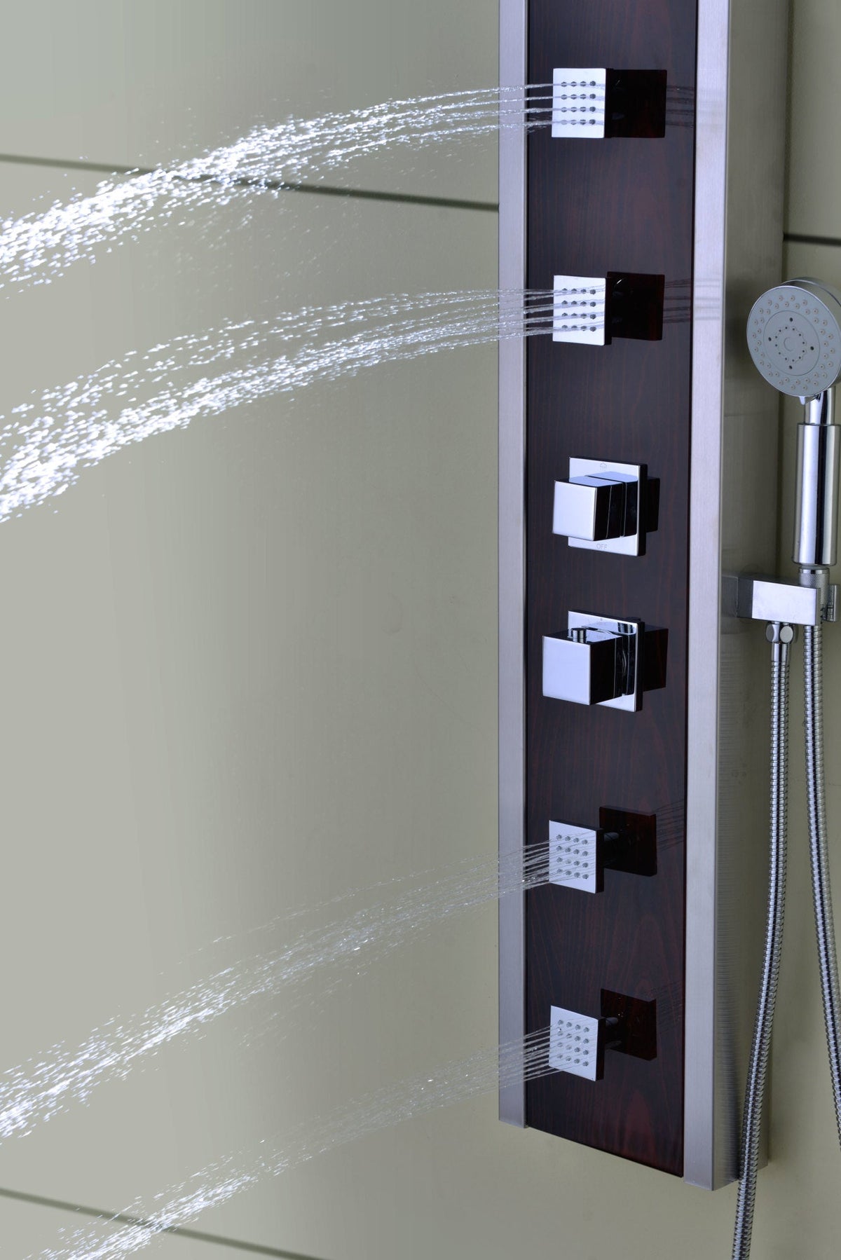 Monsoon 57 in. 4-Jetted Full Body Shower Panel System with Heavy Rain Shower and Spray Wand in Mahogany Style Deco-Glass