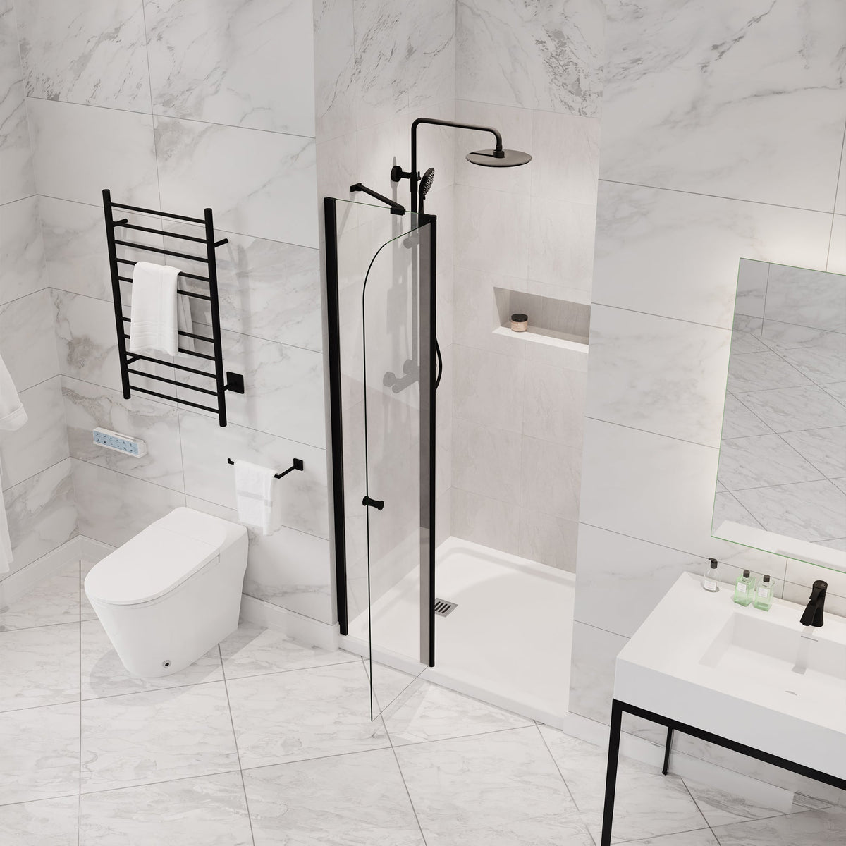 Romance Series 34 in. x 72 in. H Hinged Frameless Shower Door with Tsunami Guard Tempered Glass