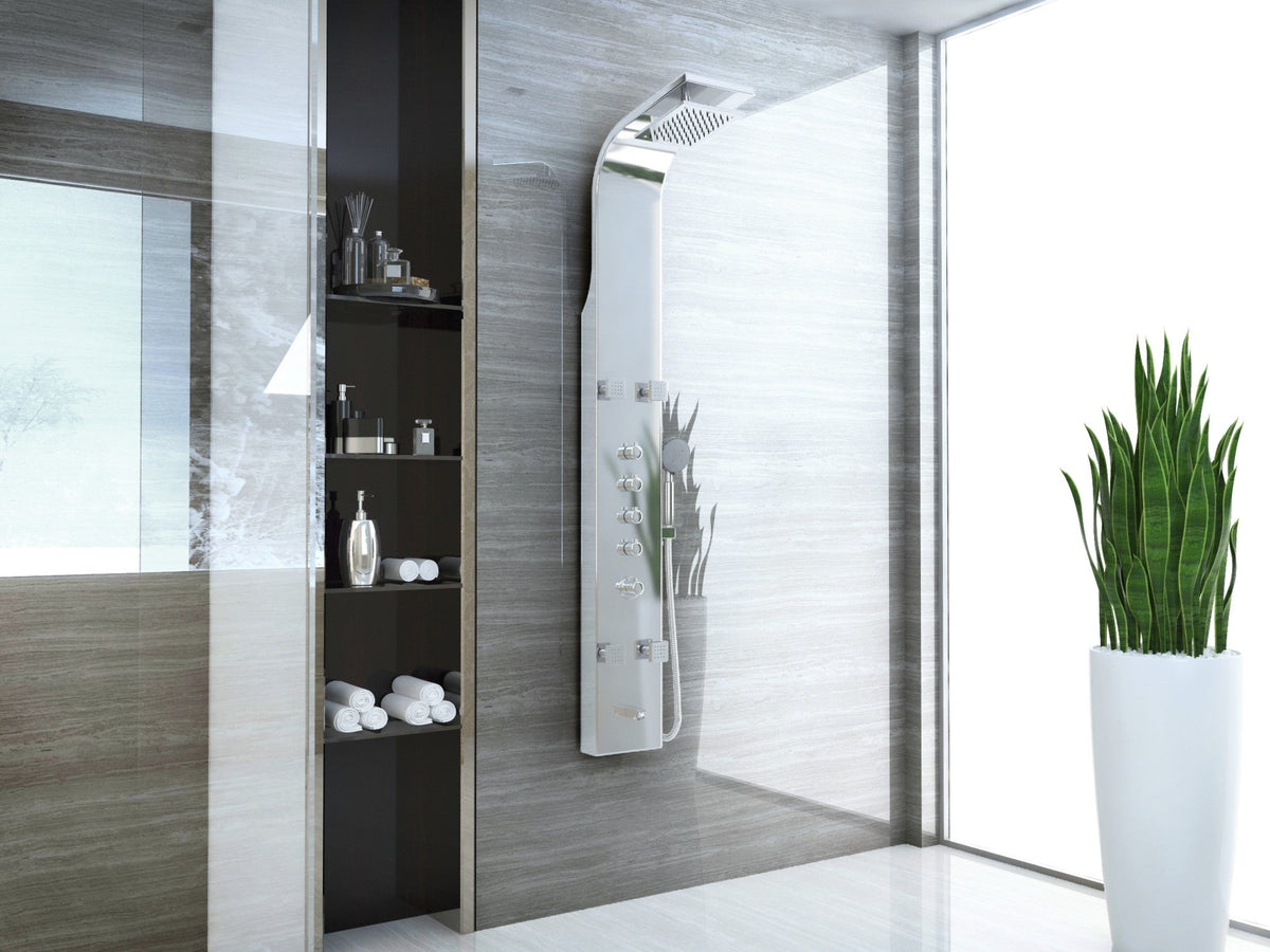 Echo 63.5 in. 4-Jetted Full Body Shower Panel with Heavy Rain Showerhead, Spray Wand and Tub Spout in Brushed Steel