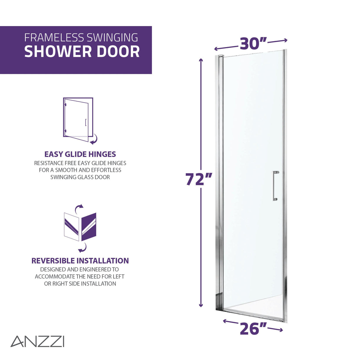 Lancer Series 29 in. x 72 in. H Hinged Semi-Frameless Shower Door with Tsunami Guard Tempered Glass