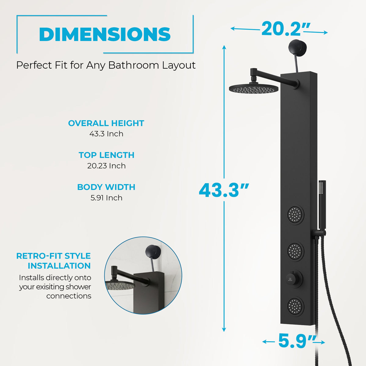 Beverly Series 43 in. 3-Jetted Shower Tower with Heavy Rain Shower and Body Jets and Spray Wand