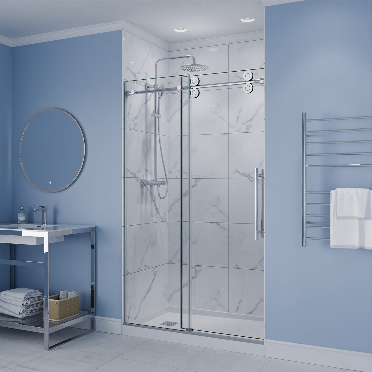 Ozean Series 44 to 48 in. x 76 in. Frameless Shower Door with Sliding with Tsunami Guard Tempered Clear Glass