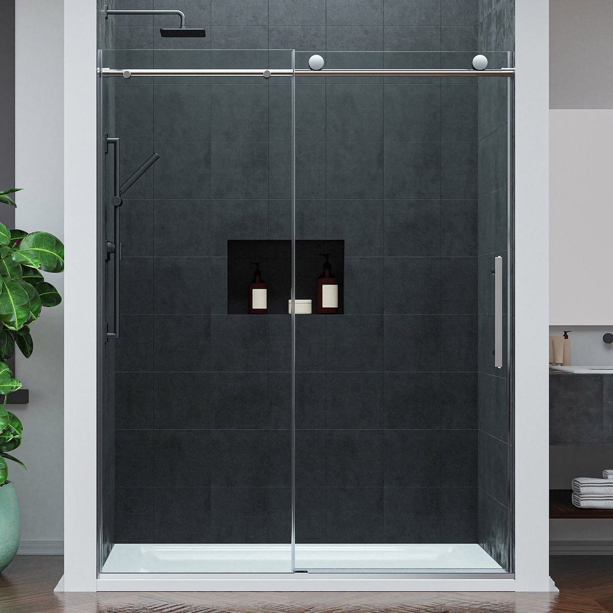 Mountain 60 in x 76 in. Reversible Frameless Sliding Deco-Glass Shower Door with Soft-Close System - Multiple Finishes