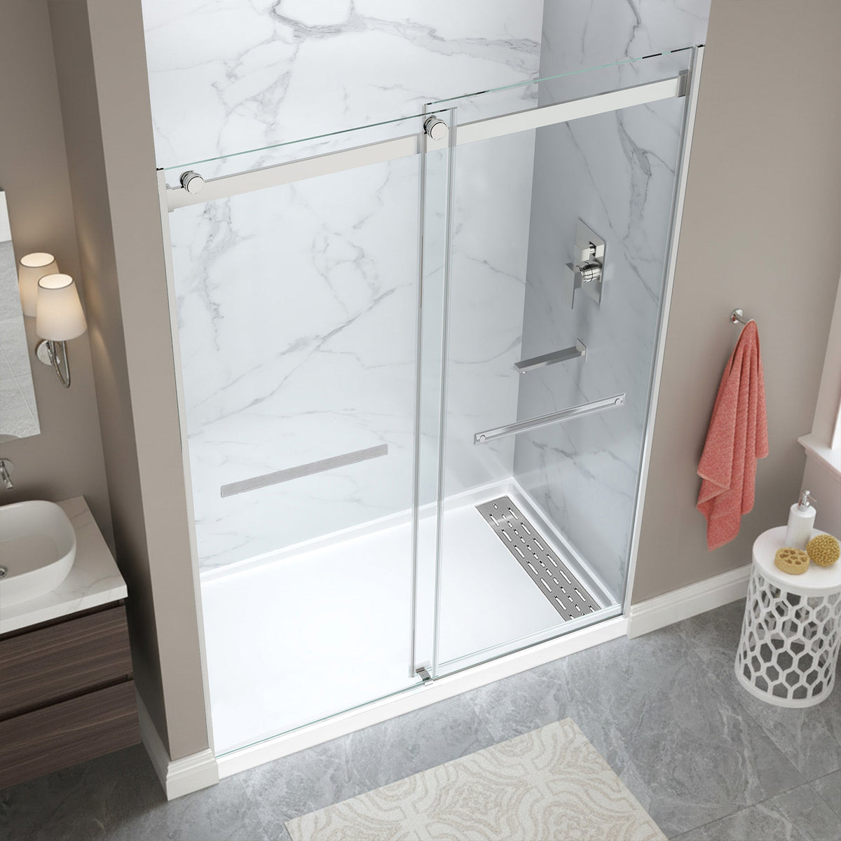 48 x 32 Frameless Shower Door, Pan Only, Kahn Alcove Sliding Combo