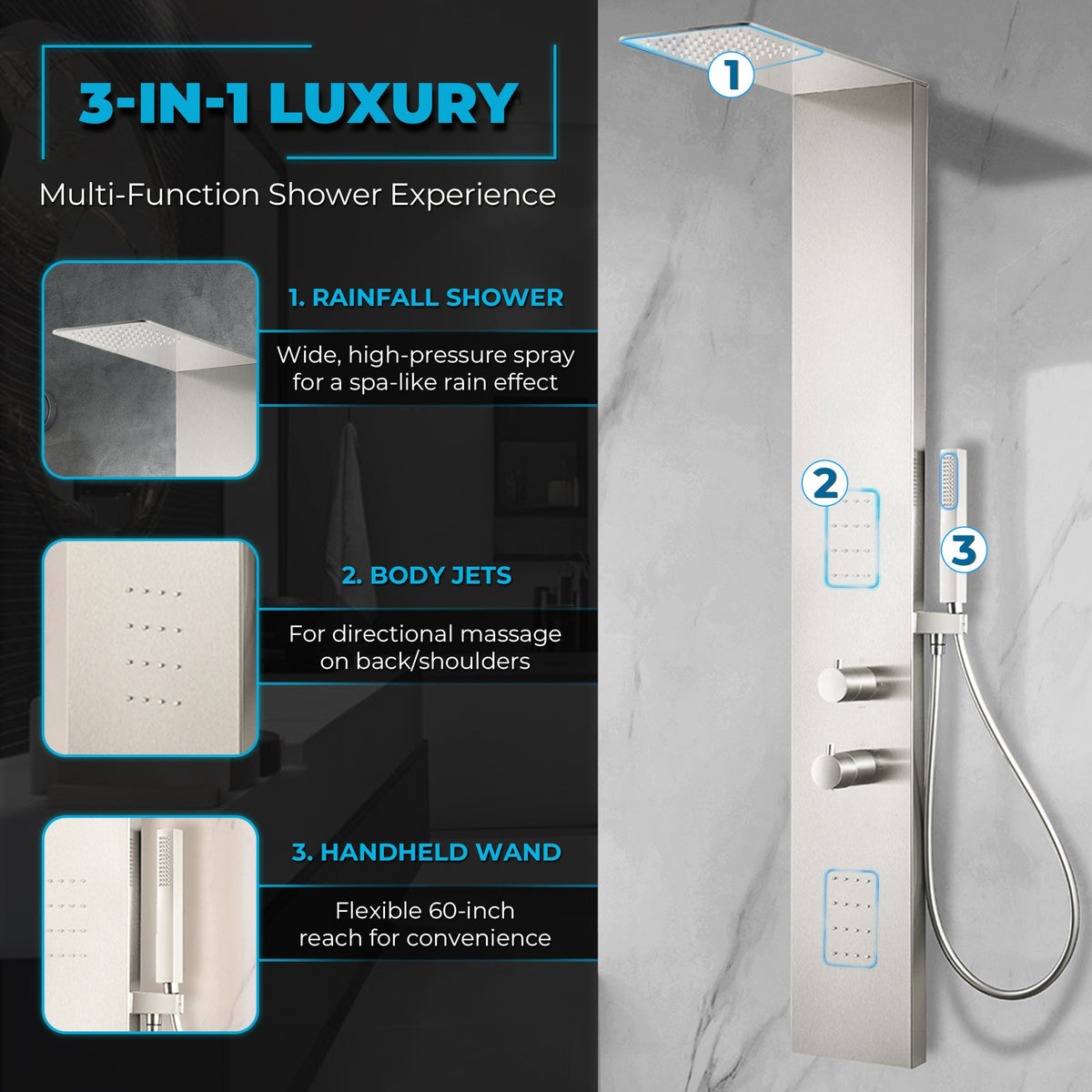 Collines Series 55 in. 2-Jetted Shower Tower with Heavy Rain Shower and Jets and Spray Wand
