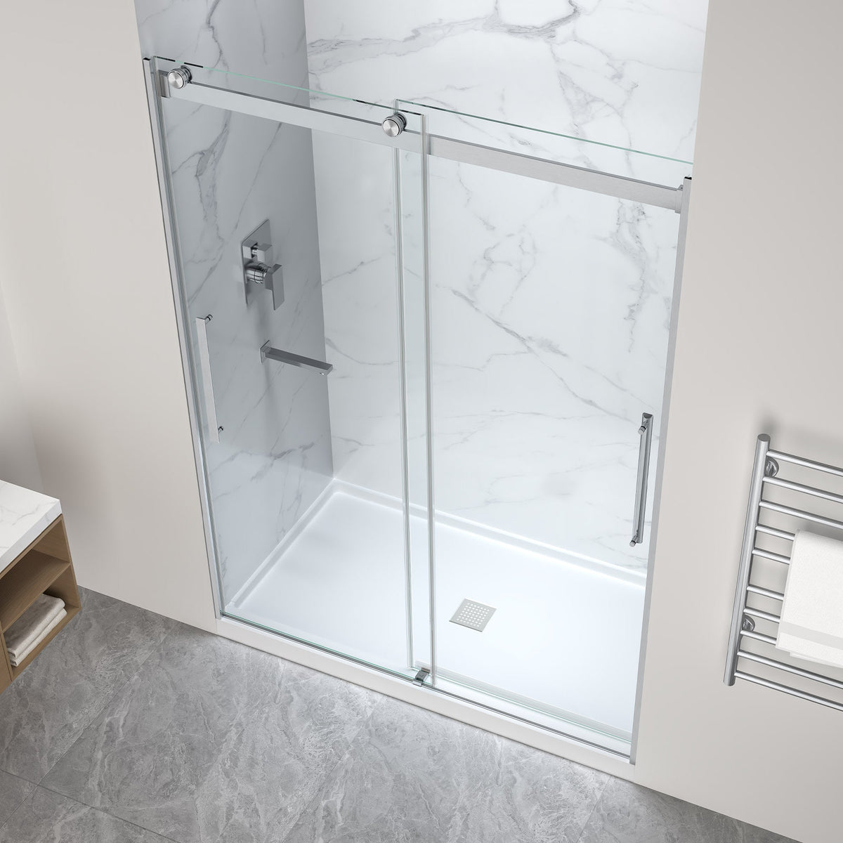 76 x 57 Framed Shower Door, Center Drain, Pan Only