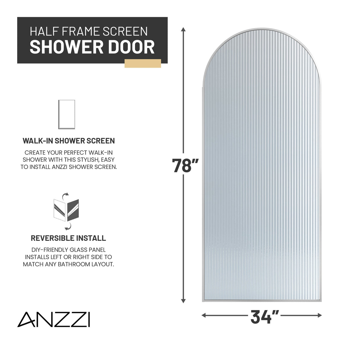 Ember Series 34 in. x 78 in Framed Arch Fixed Shower Screen Door with 8mm Tempered Clear or Fluted Glass