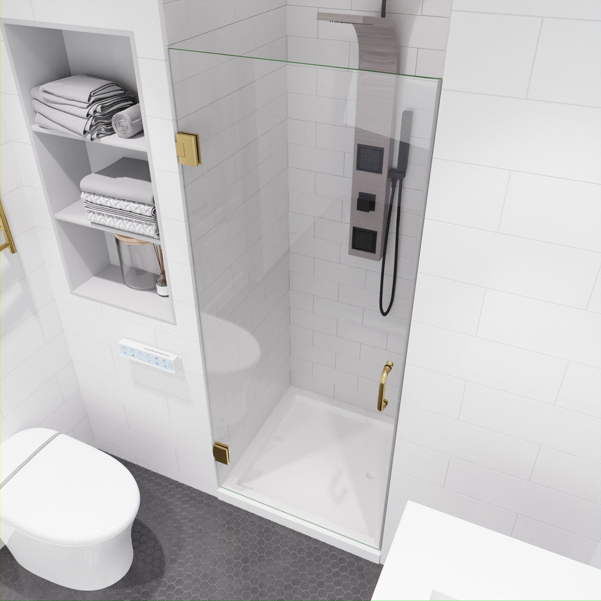 Fellow Series 30 in. x 72 in. Frameless Hinged Shower Door with Clear Tempered Glass and Tsunami Guard