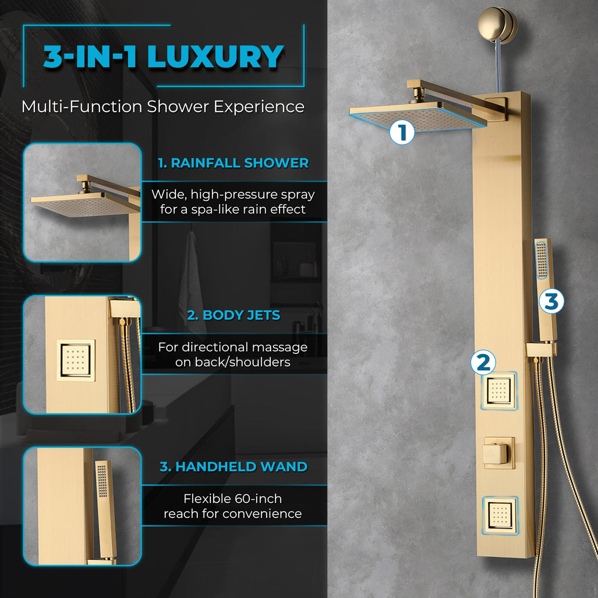Dion Series 39 in. 2-Jetted Shower Tower with Heavy Rain Shower and Body Jets and Spray Wand