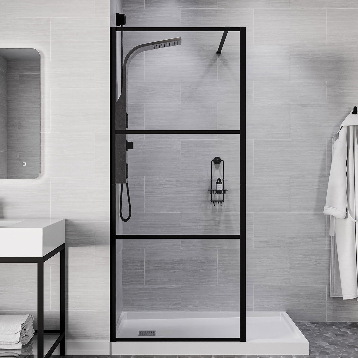 Himmel Series 34 in. x 78 in. Fixed Framed Shower Door with Tsunami Guard Tempered Clear Glass
