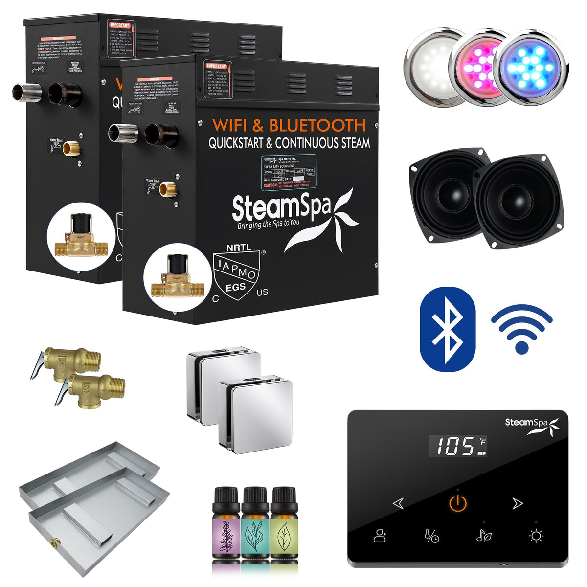 Steam Shower Generator, Full Package, Black Wireless Deluxe New Square Heads