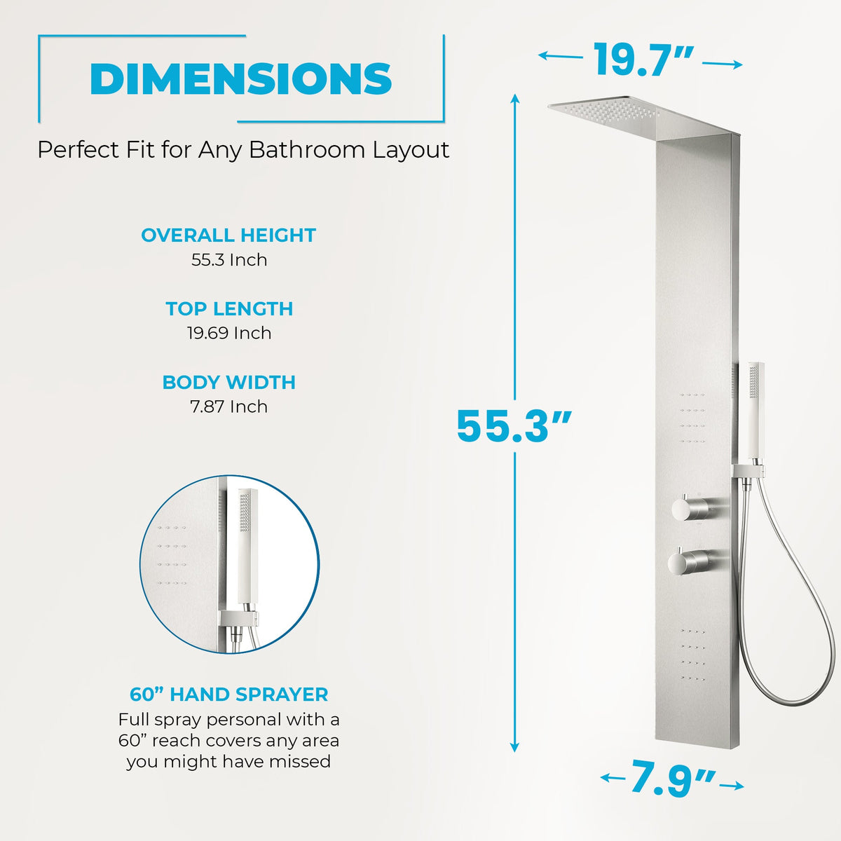 Collines Series 55 in. 2-Jetted Shower Tower with Heavy Rain Shower and Jets and Spray Wand