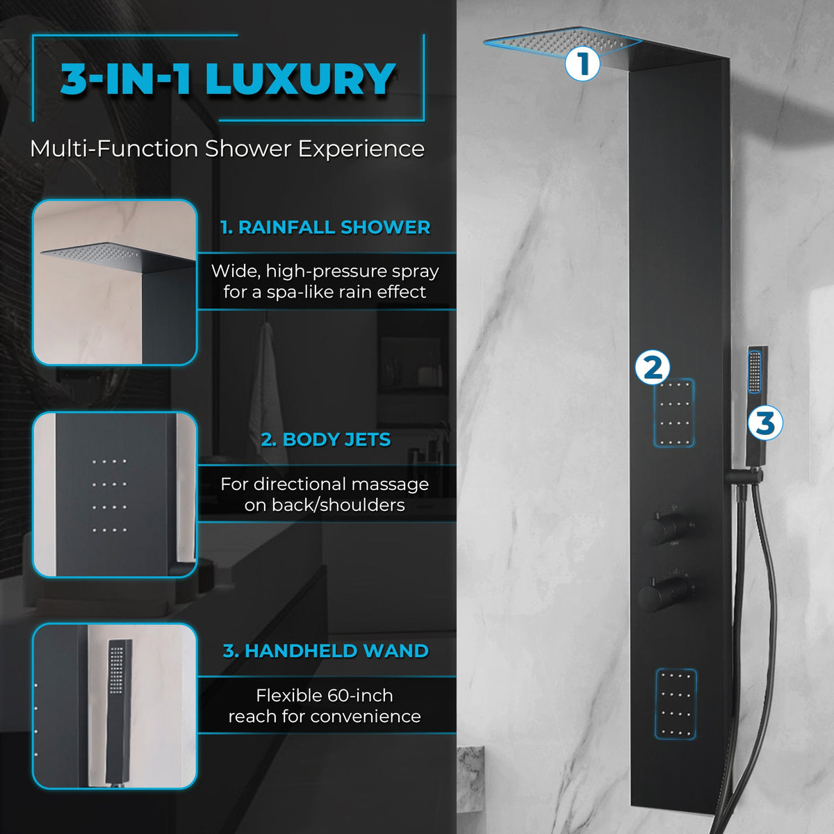 Shower Panel, Collines Jetted Tower Heavy Spray Wand