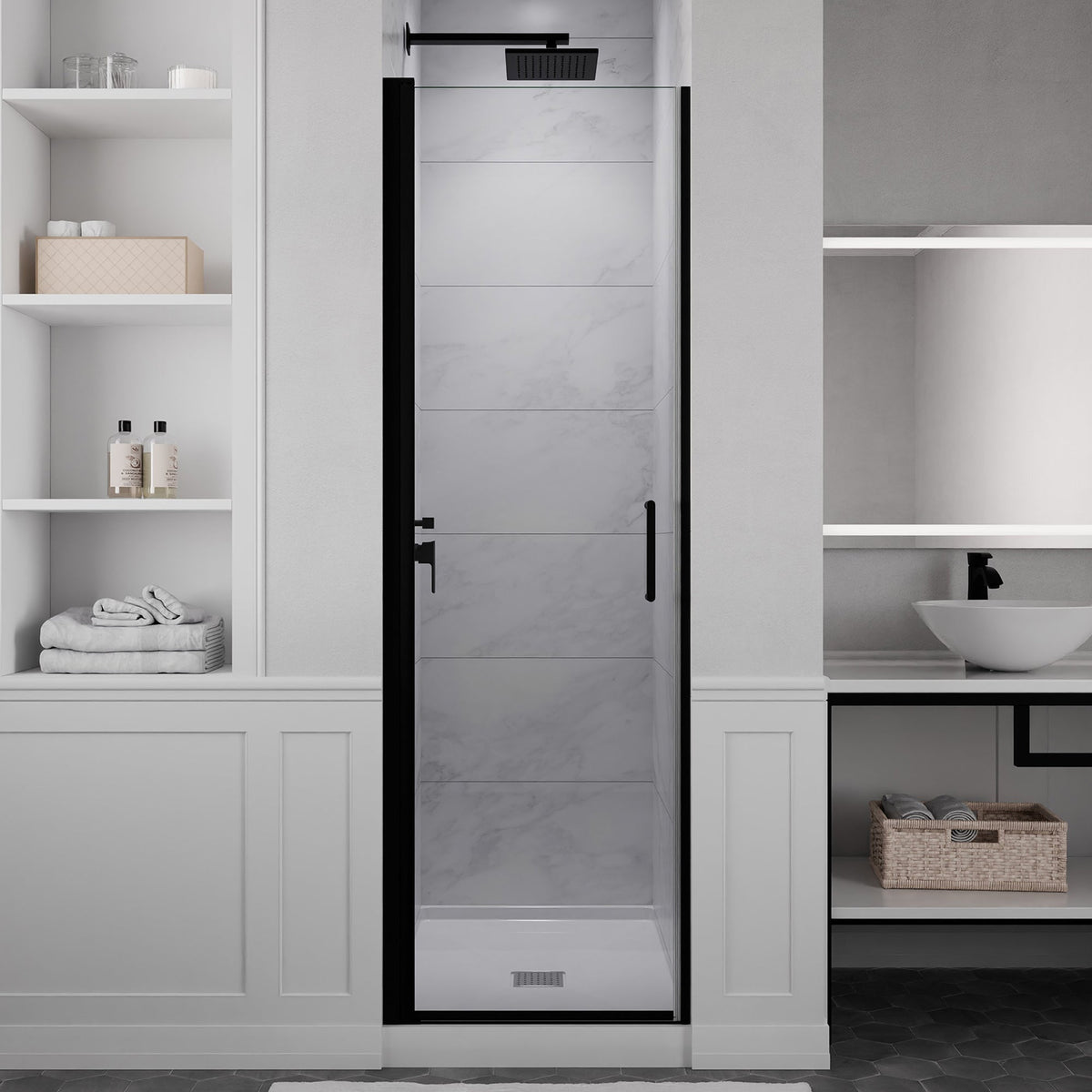 Lancer Series 23 in. x 72 in. H Hinged Frameless Shower Door with Tsunami Guard Tempered Glass