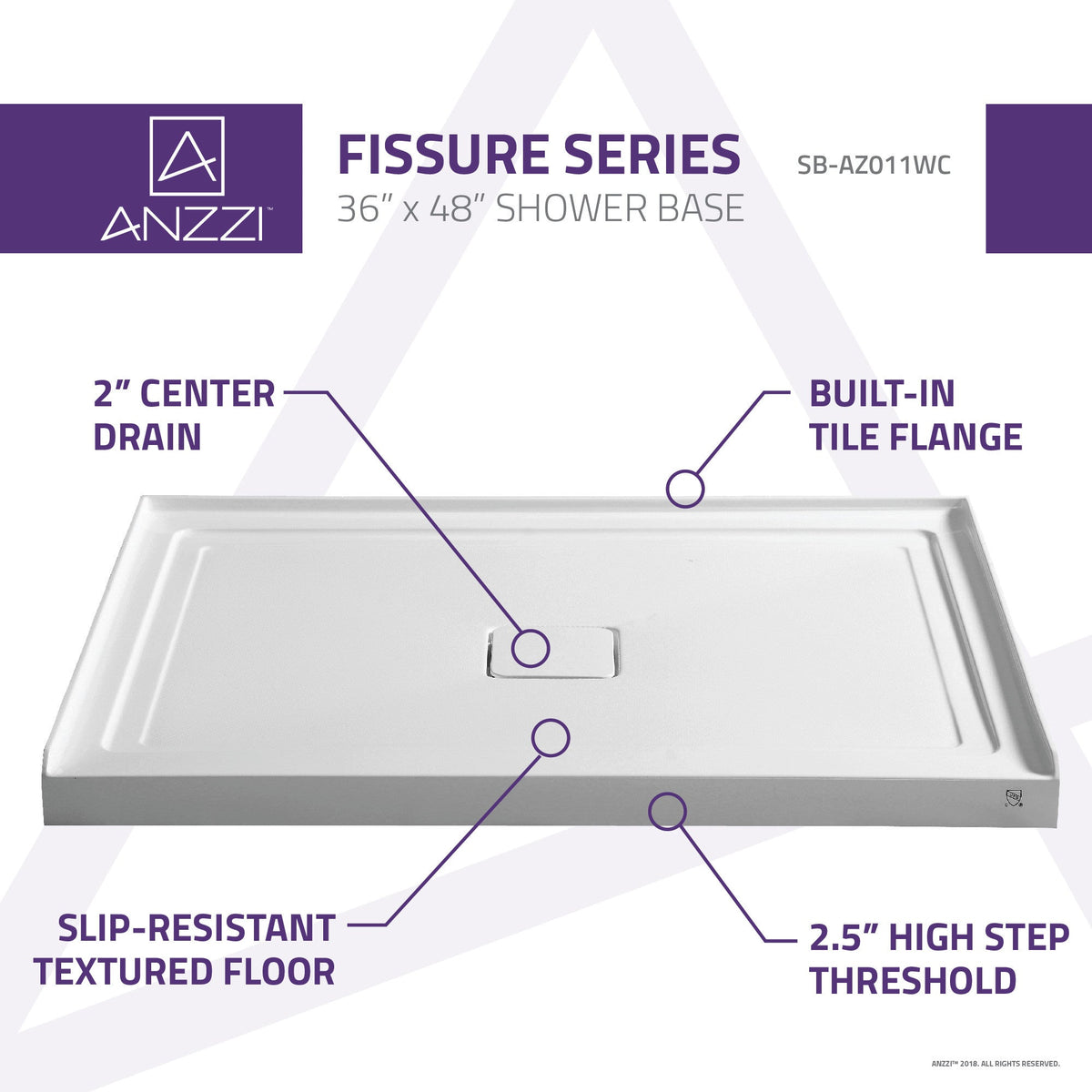 48 x 36 Shower Base, Center Drain, Pan Only
