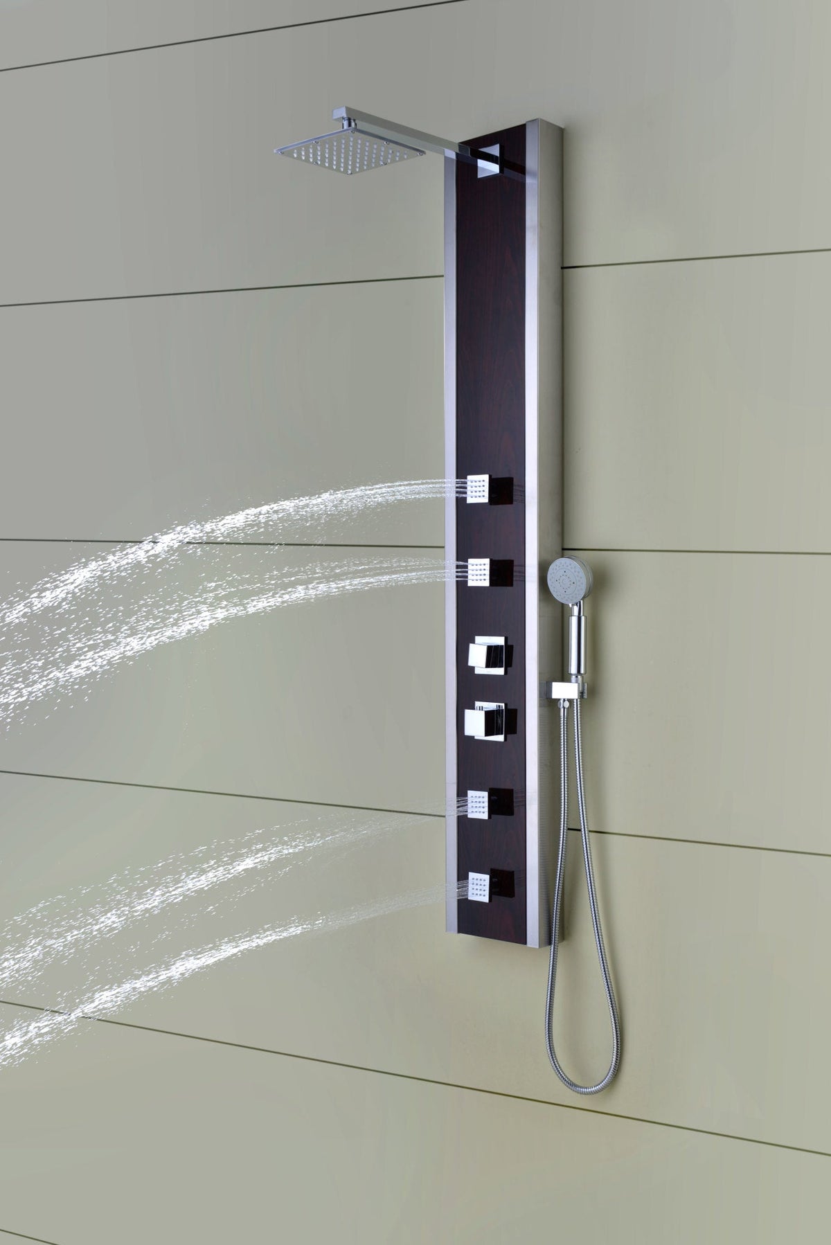 Monsoon 57 in. 4-Jetted Full Body Shower Panel System with Heavy Rain Shower and Spray Wand in Mahogany Style Deco-Glass