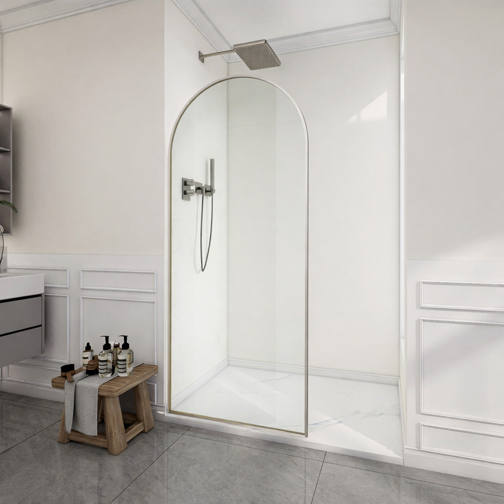 Ember Series 34 in. x 78 in Framed Arch Fixed Shower Screen Door with 8mm Tempered Clear or Fluted Glass