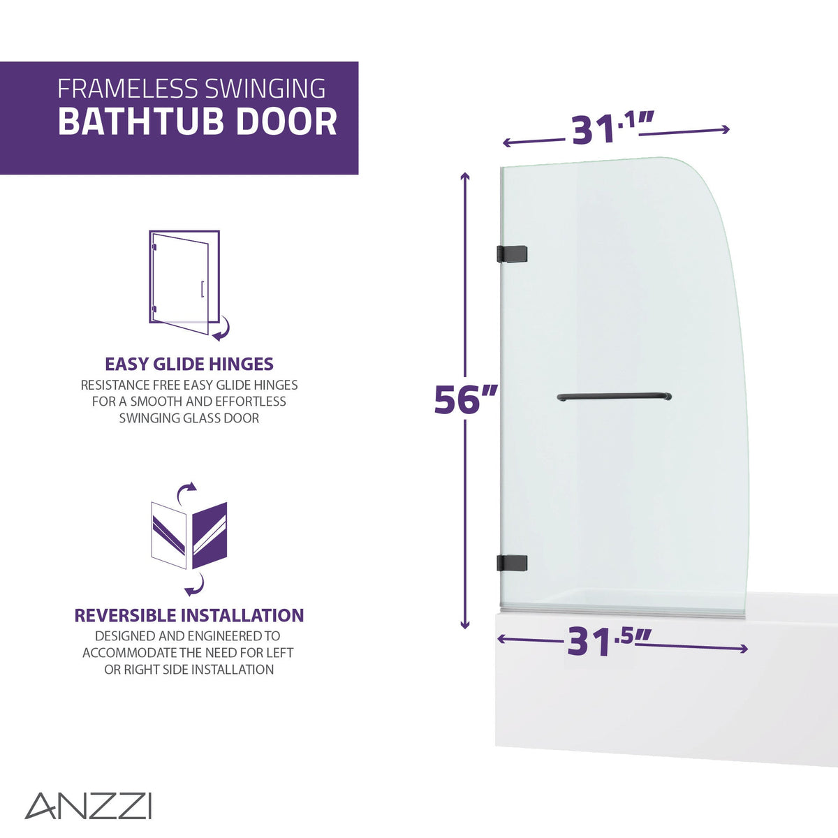 30 x 55 Tub Shower Door, Grand Frameless Hinged Clear Tsunami Guard
