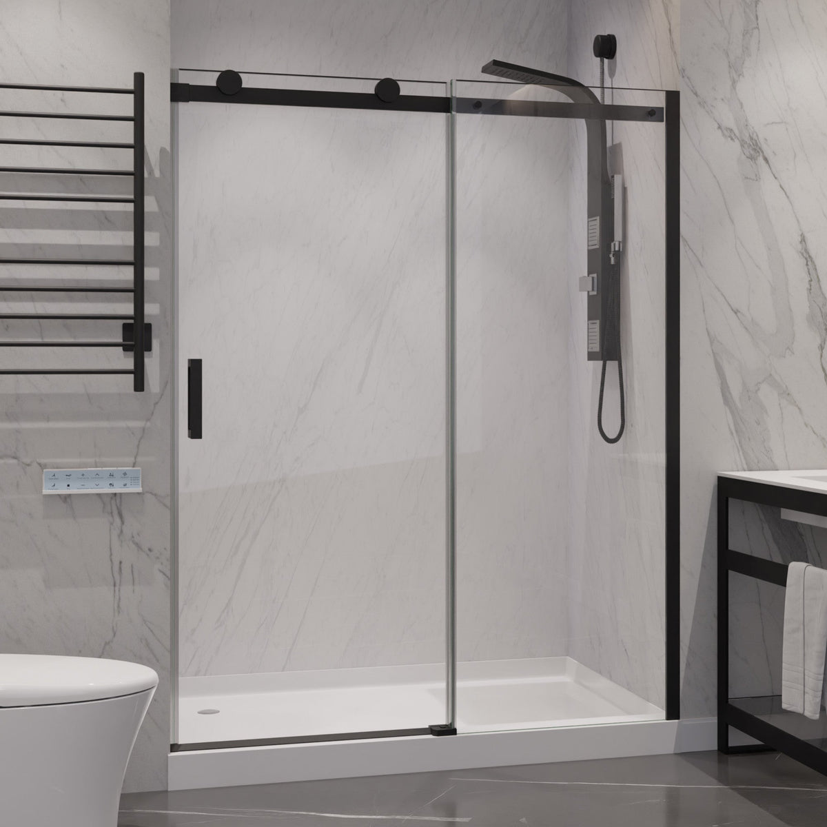 60 x 76 Frameless Shower Door, Rhodes Sliding Tsunami Guard