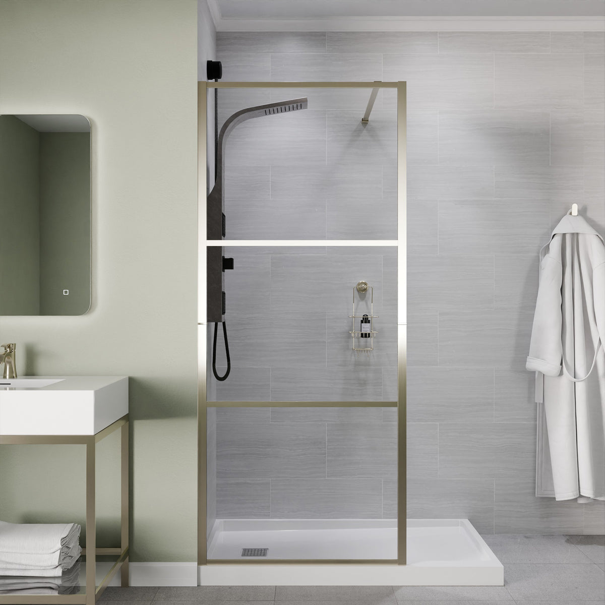 34 x 78 Framed Shower Door, Himmel Fixed Tsunami Guard Clear Glass