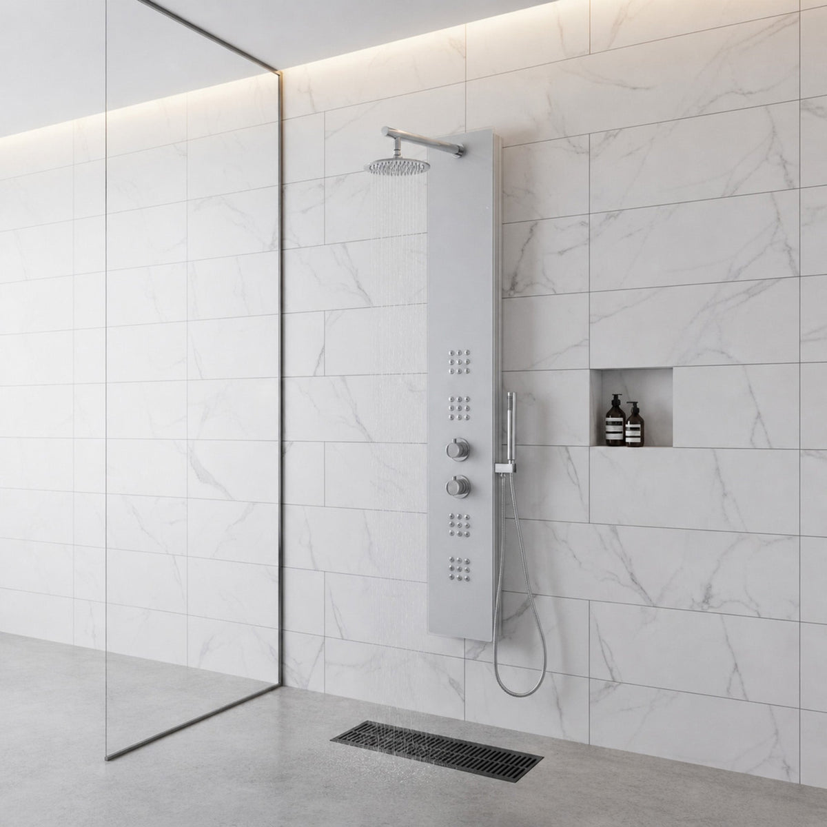 VELD Series 64 in. 2-Jetted Full Body Shower Panel System with Heavy Rain Shower and Spray Wand in Clear White