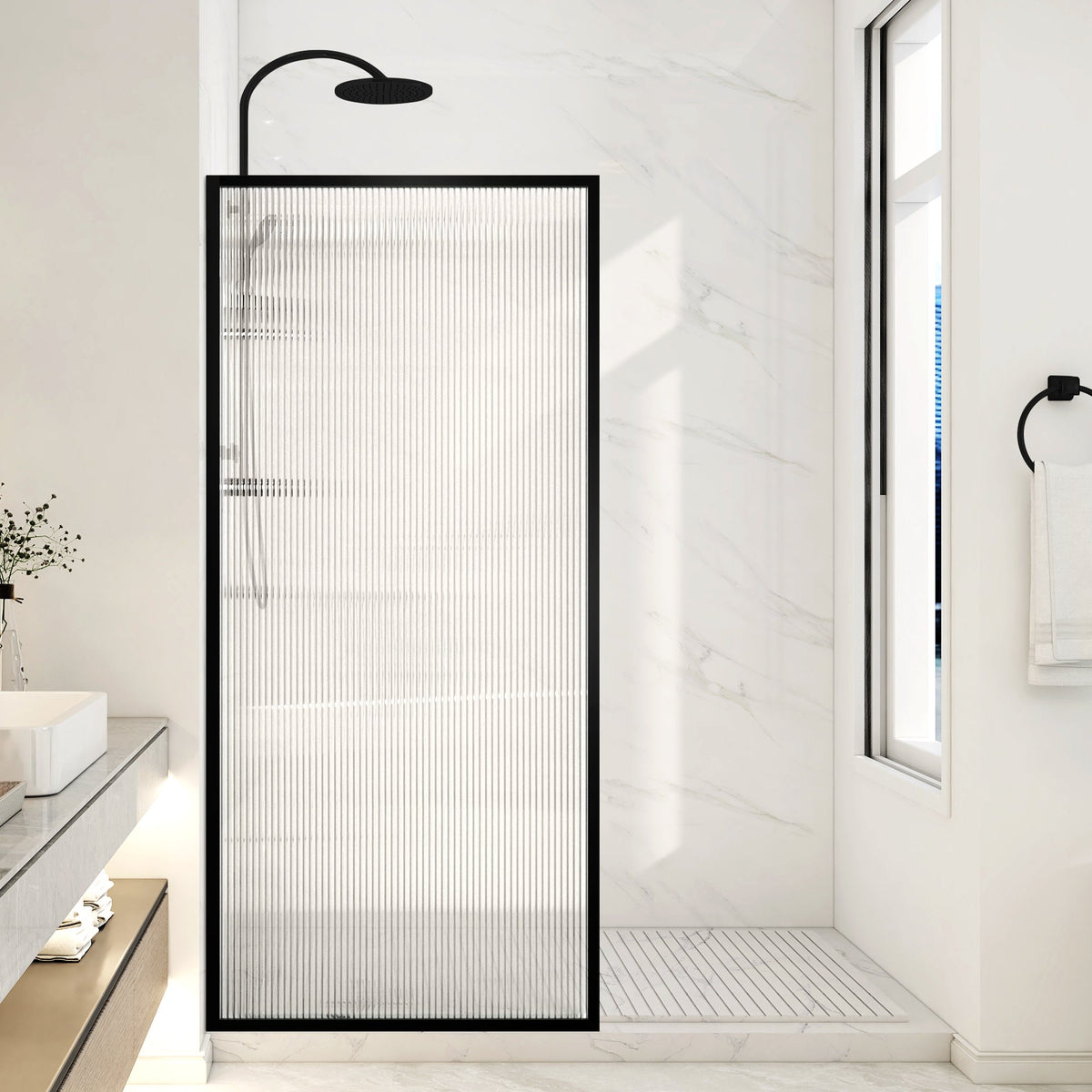 Welle 34 in. x 74 in. Framed Fixed Shower Screen Door with 5/16" (8mm) Tempered Fluted or Clear Glass