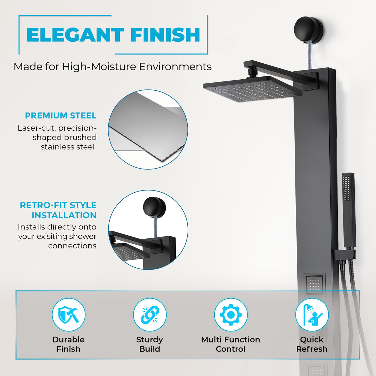 Dion Series 39 in. 2-Jetted Shower Tower with Heavy Rain Shower and Body Jets and Spray Wand