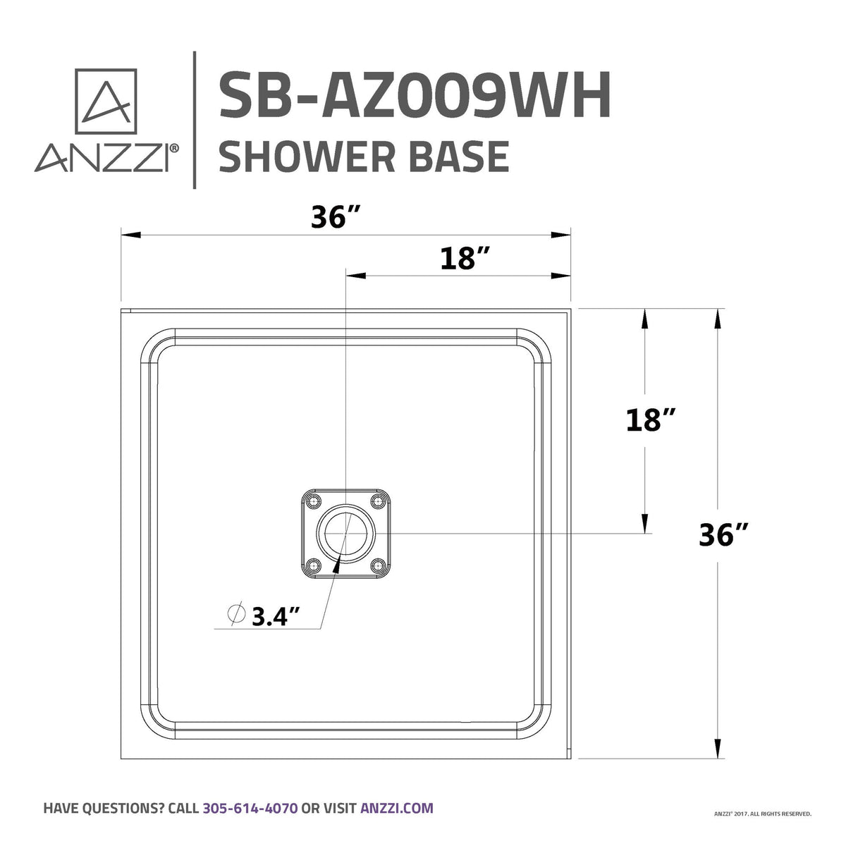 ANZZI Titan 36" x 36" Corner Shower Pan, Durable Marine Grade Acrylic, cUPC Certified, Center Drain, Slip-Resistant Floo