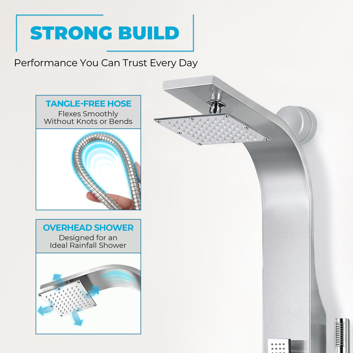 Sans Series 40 in. 3-Jetted Full Body Shower Tower System with Rainfall Showerhead and Spray Wand in Brushed Steel