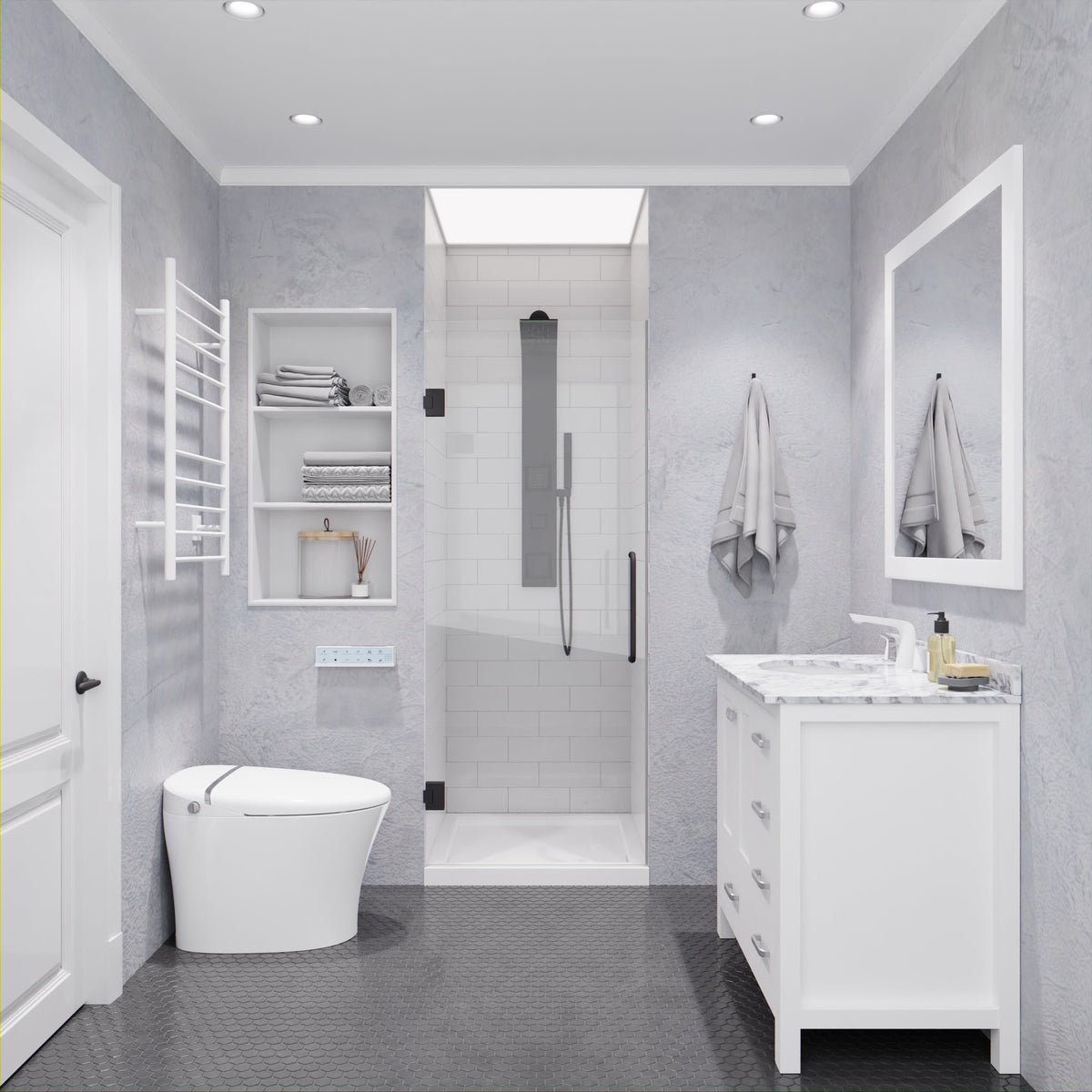 Fellow Series 24 in. x 70 in. Frameless Hinged Shower Door with Clear/Frosted Tempered Glass and Tsunami Guard