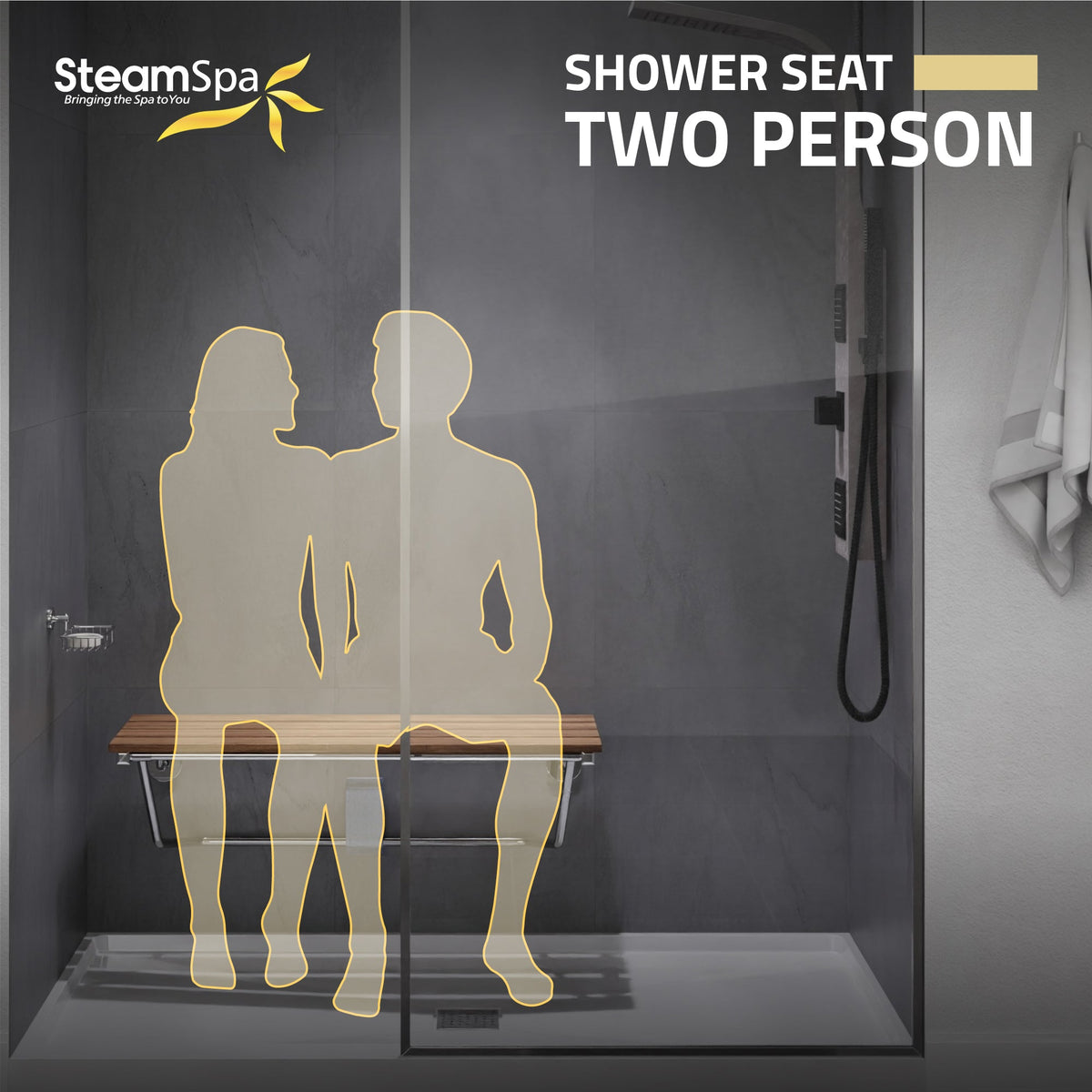 Shower Seat, Two Person Teak Wood Chrome Trim