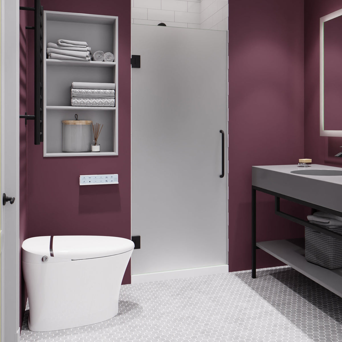 Fellow Series 24 in. x 70 in. Frameless Hinged Shower Door with Clear/Frosted Tempered Glass and Tsunami Guard