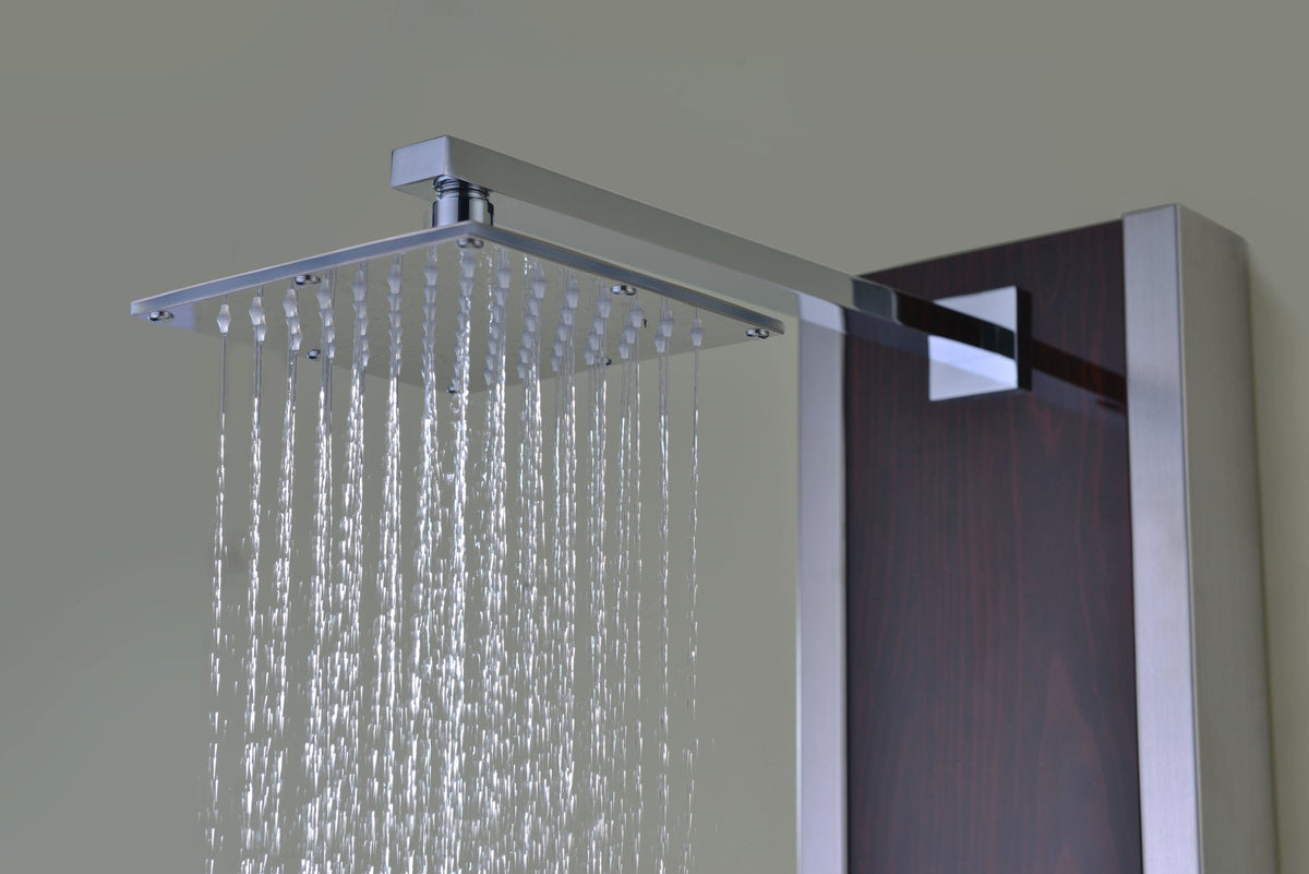 Monsoon 57 in. 4-Jetted Full Body Shower Panel System with Heavy Rain Shower and Spray Wand in Mahogany Style Deco-Glass