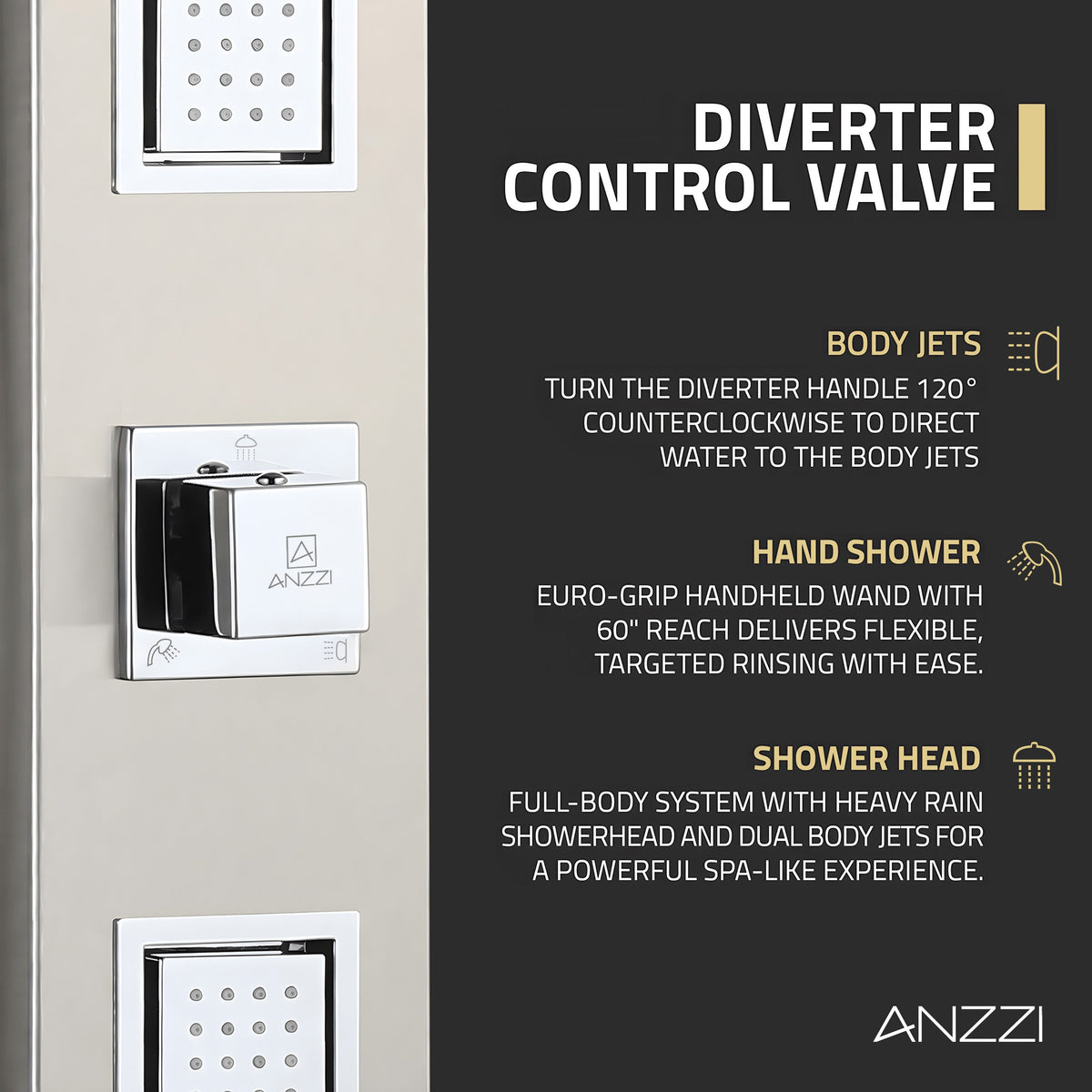 Dion Series 39 in. 2-Jetted Shower Tower with Heavy Rain Shower and Body Jets and Spray Wand